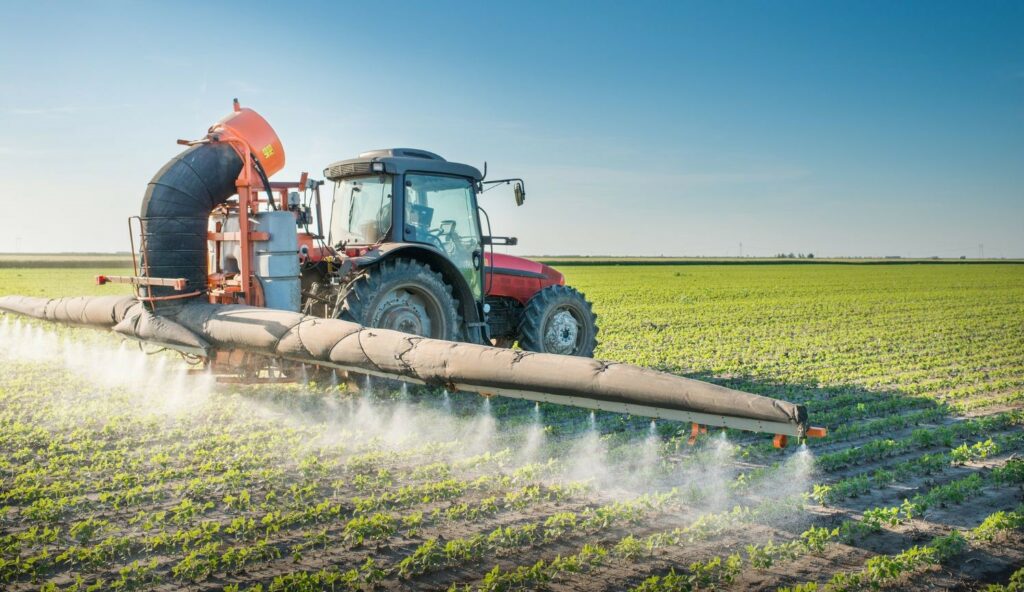 les insectes disparaissent : un tracteur répand des pesticides dans un champ