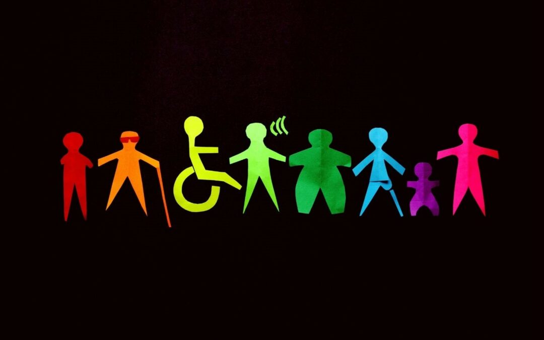 une ronde stylisée de toutes couleurs avec un enfant en fauteuil