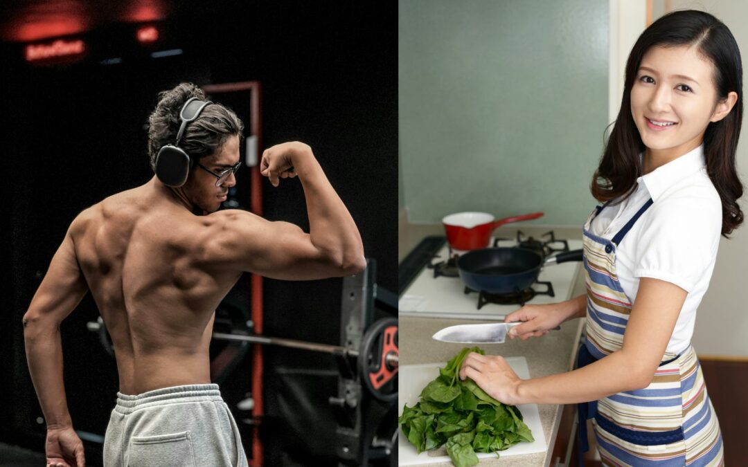 L'expansion des mouvances masculinistes et " tradewives" chez les jeunes. A gauche, un jeune homme qui fait de la musculation, à droite une jeune fille qui cuisine
